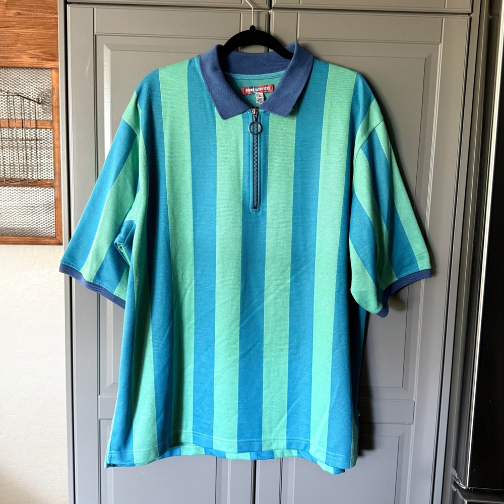 Urban Outfitters Mens Retro Stripe Baggy Zip Polo Shirt, Blue Teal,L (NWOT)